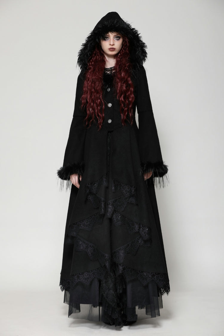 Black Long Bell Sleeves Lace Button Women's Gothic Romantic Coat with Hood - Black - 1