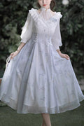 White/Blue Lace V Collar Half Sleeves High Waisted Sweet Lolita OP Dress - image 1