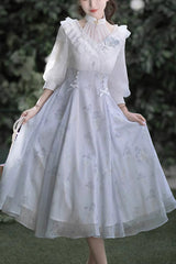 White/Blue Lace V Collar Half Sleeves High Waisted Sweet Lolita OP Dress - White/Blue - 1