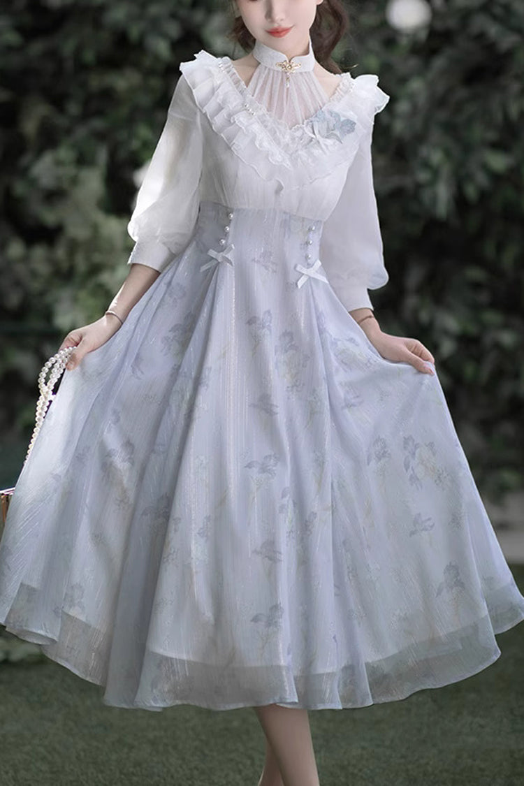 White/Blue Lace V Collar Half Sleeves High Waisted Sweet Lolita OP Dress - White/Blue - 1