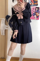 Dark Blue Sailor Collar Long Sleeves Sweet Japanese School Skirt Set - Product - 2