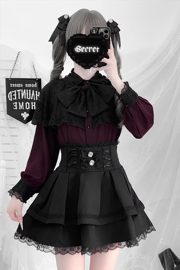 [Dark Moon Shadow] Long Sleeves Double-Layered Ruffled Embroidered Bow Lace-Up Gothic Jirai Kei Lolita Top + Skirt Set - Wine-Top(Only) - 5