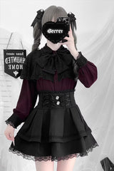[Dark Moon Shadow] Long Sleeves Double-Layered Ruffled Embroidered Bow Lace-Up Gothic Jirai Kei Lolita Top + Skirt Set - Wine-Top(Only) - 5