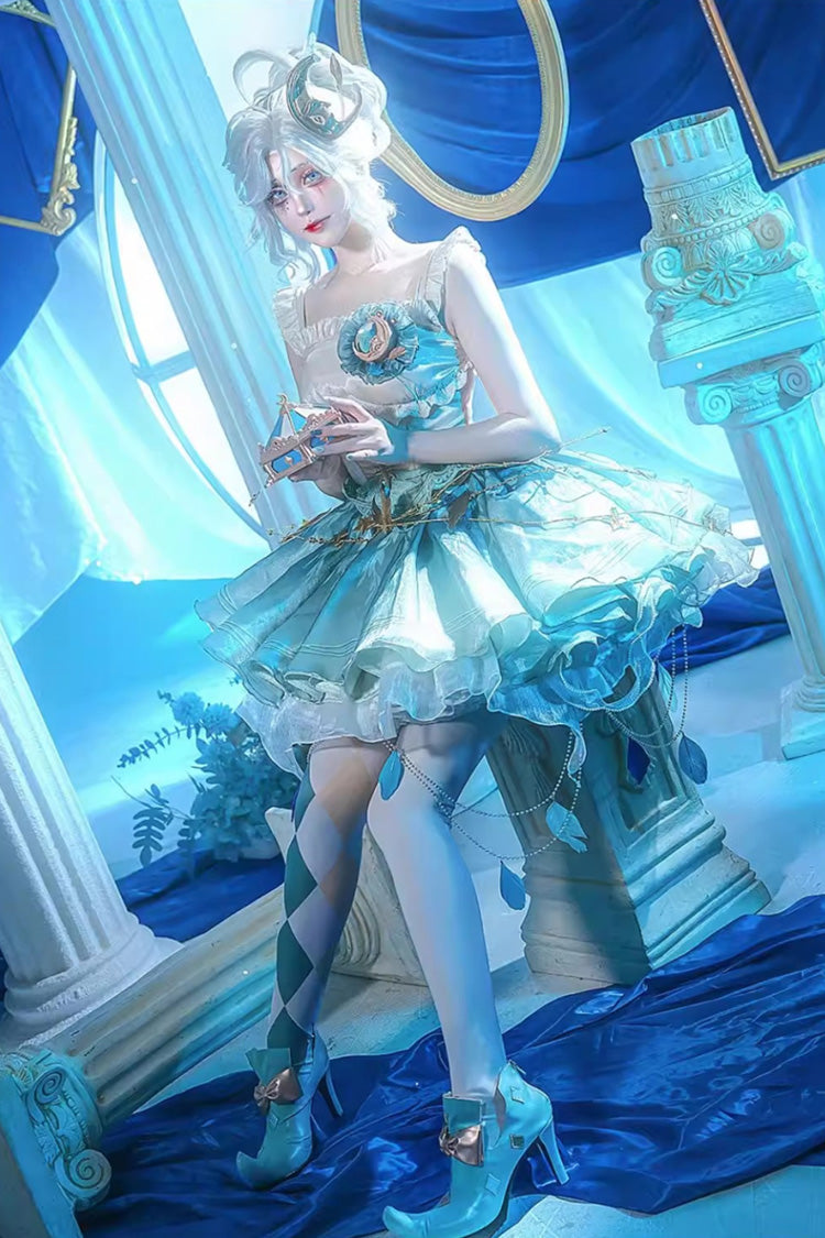 White/Green Game-Themed Rare Square Collar Sleeveless Multi-Layered Ruffled Color-Blocked Sweet Lolita Jsk Dress Set - Product - 4
