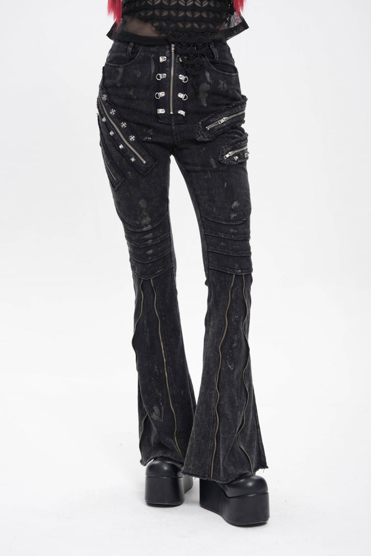 Black Zipper Pleated Women's Punk Flared Pants - Product - 5