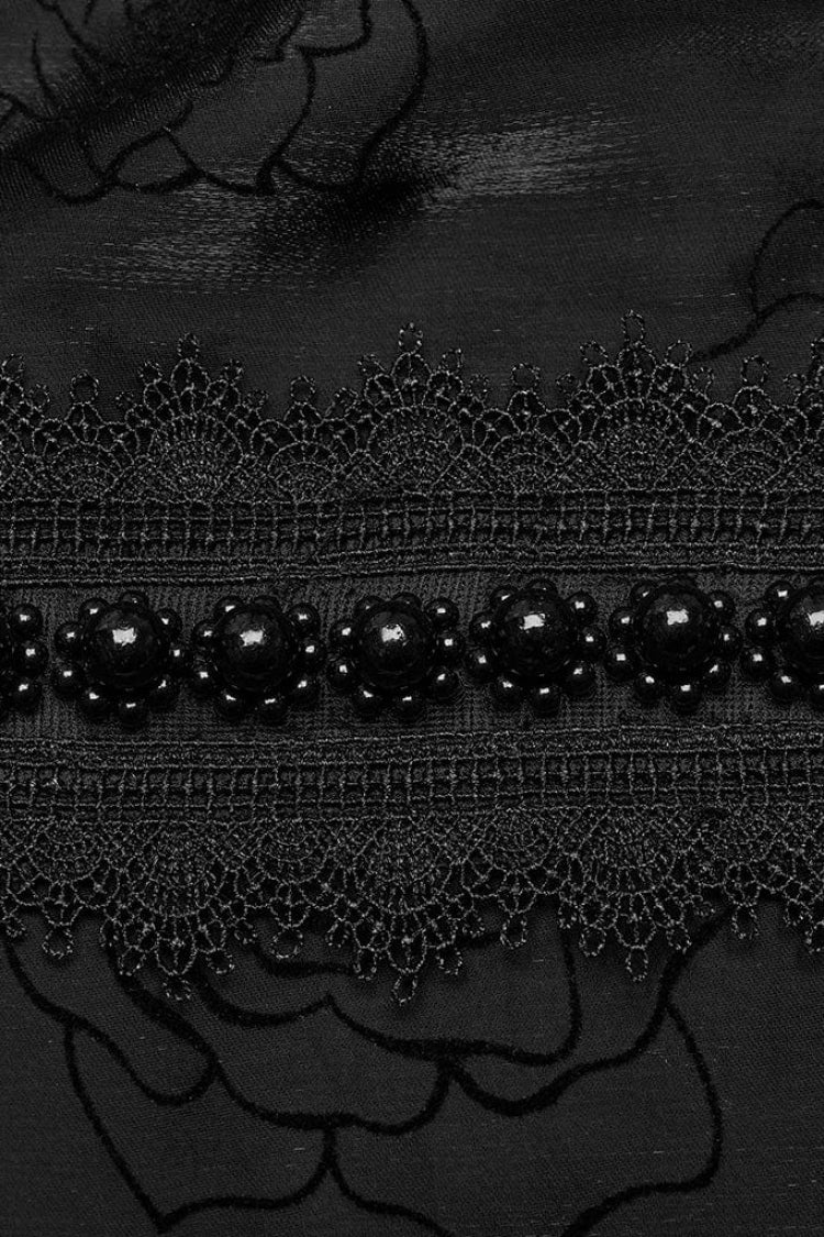 Black Stand Collar Long Lantern Sleeves Rose Print Hook-Button Womens Gothic Blouse - Product - 6