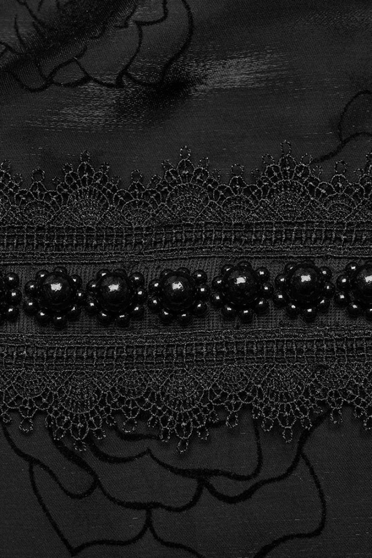 Black Stand Collar Long Lantern Sleeves Rose Print Hook-Button Womens Gothic Blouse - Product - 6