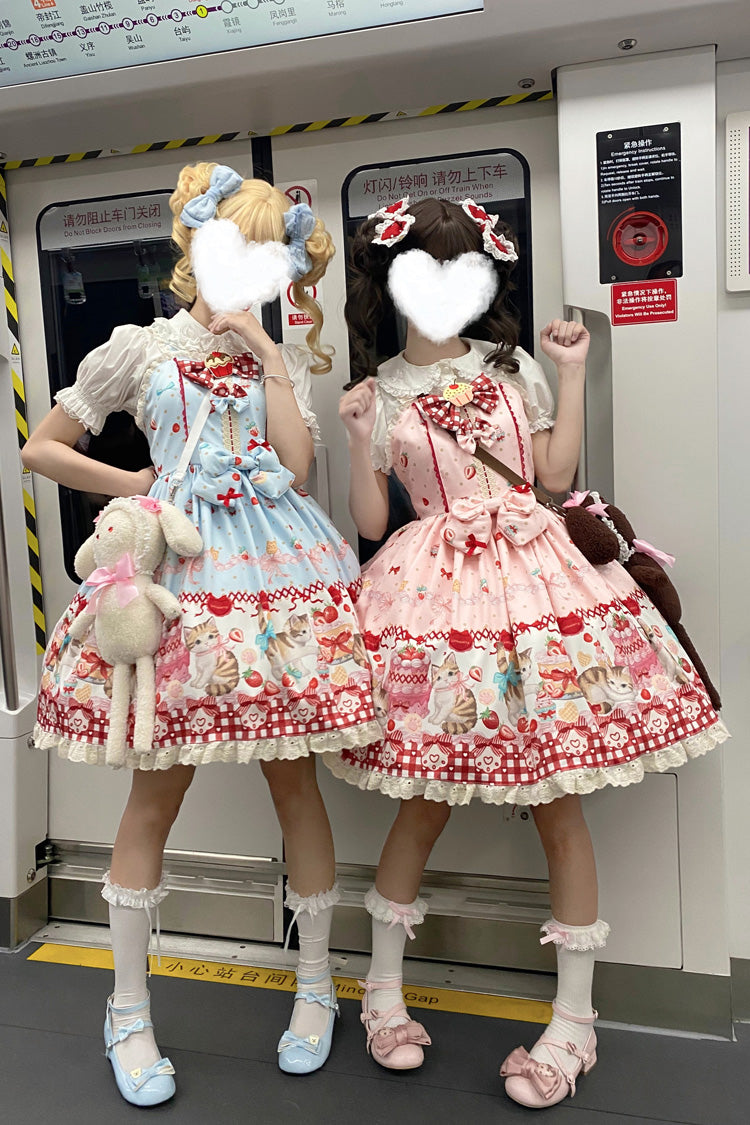 [Strawberry Cake Kitty] Sleeveless Printed Bow Lace Sweet Lolita Strap Dress 3 Colors - Pink - 1