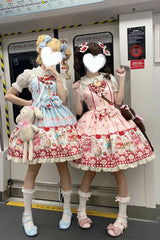 [Strawberry Cake Kitty] Sleeveless Printed Bow Lace Sweet Lolita Strap Dress 3 Colors - Pink - 1