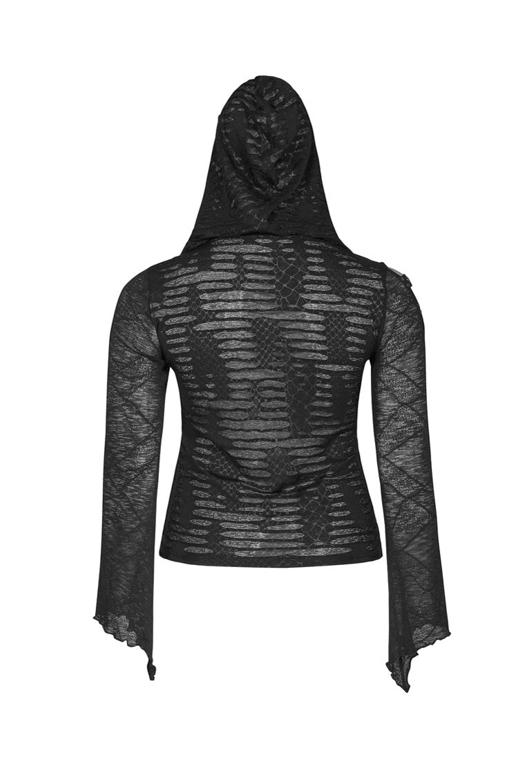 Black Front Chest Lace-Up Flare Sleeve Splice Mesh Plus Size Broken Holes Knit Hooded Women's Punk T-Shirt - Product - 7