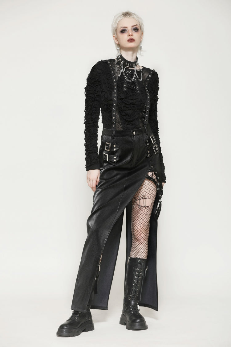 Black Leather Women's Punk Buckled Side Slit Irregular Hem Skirt - Black - 1