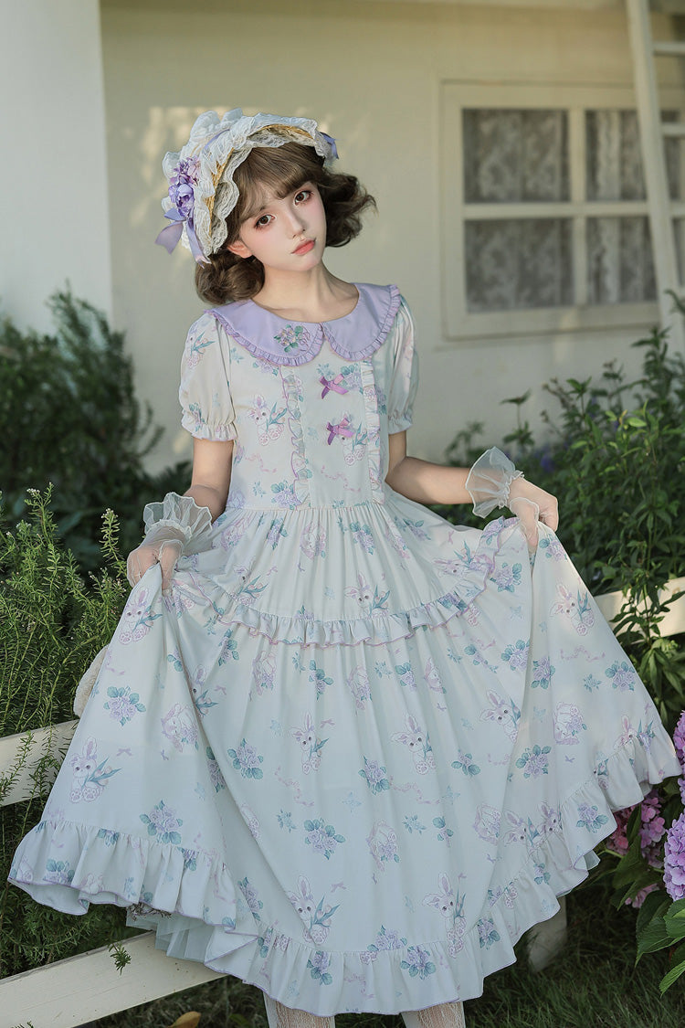 [Breezy Summer Blossoms] Peter Pan Collar Short Sleeves Jacquard Printed Ruffled Embroidered Bow Sweet Lolita Dress 2 Colors (Yellow, Purple) - Product - 19