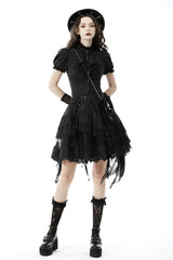 Black Ruffled Stand Collar Lace Jabot Short Puff Sleeves Front Button‑Up Lace-Up Women's Gothic Blouse - Black - 1