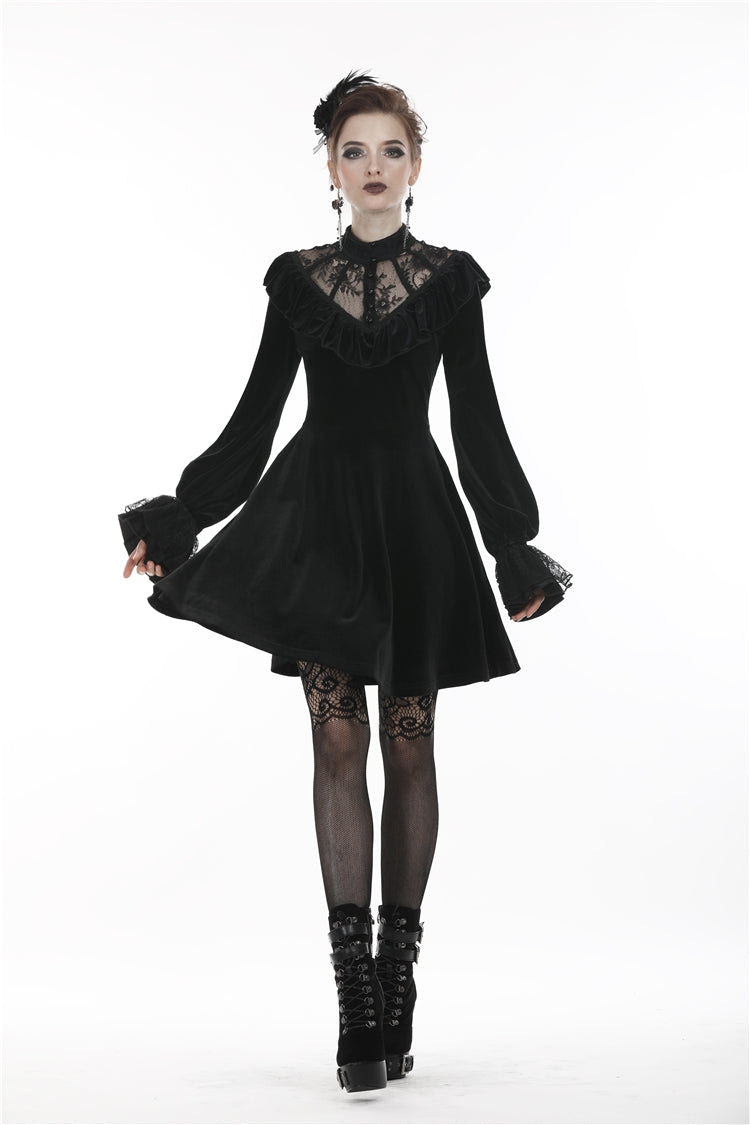 Black V-neck Long Sleeves Ruched Ruffled Lace Women's Lolita Gothic Velvet Dress - Product - 9