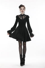 Black V-neck Long Sleeves Ruched Ruffled Lace Women's Lolita Gothic Velvet Dress - Product - 9