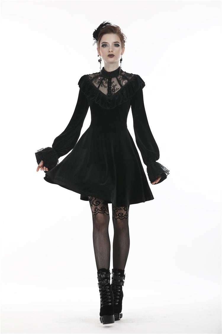 Black V-neck Long Sleeves Ruched Ruffled Lace Women's Lolita Gothic Velvet Dress - Product - 9