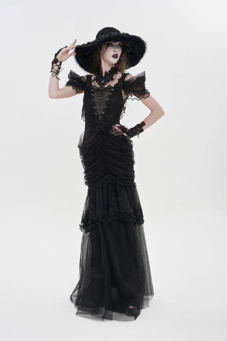 Black Off Shoulder Ruffled Cut-Out Lace Pleated Women's Gothic Dress - Product - 9
