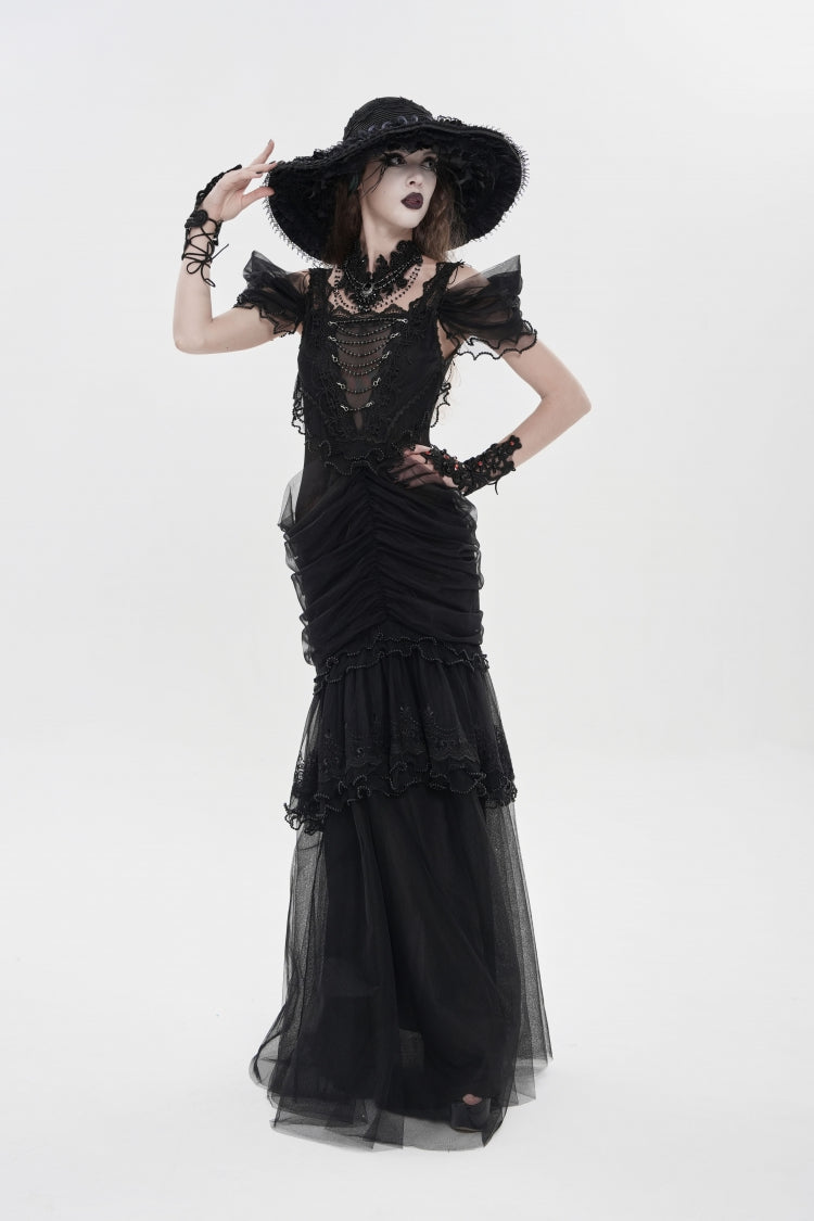 Black Off Shoulder Ruffled Cut-Out Lace Pleated Women's Gothic Dress - Product - 9
