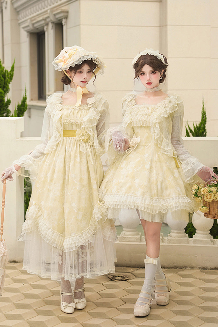 Yellow [Falling Flowers as a Message] Square Collar Flying Sleeves Print Ruffle Lace Sweet Elegant Lolita Short Dress - Product - 8