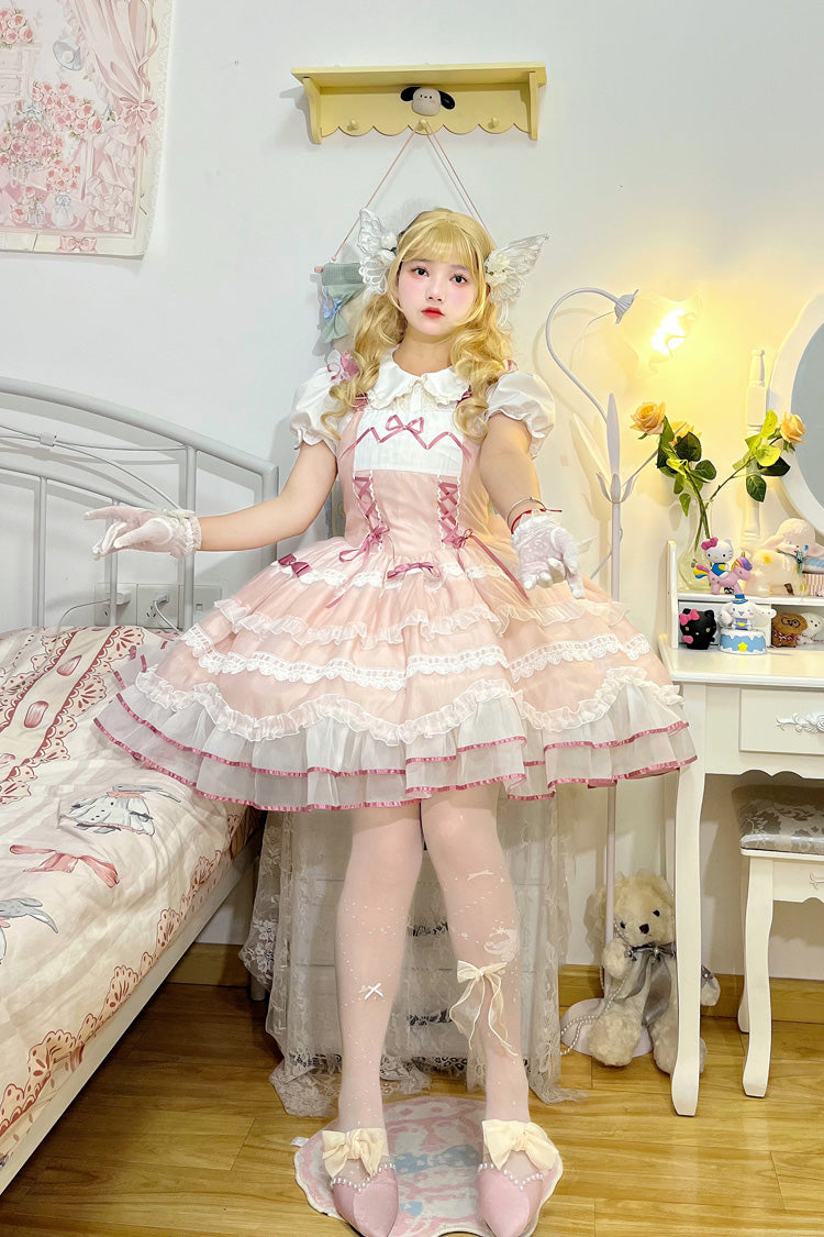 Pink Multi-layer Ruffle Bowknot Lace-Up Ballet Style Sweet Princess Lolita Tiered Dress - Product - 5