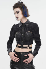 Black Turn Down Collar Cutout Long Sleeves Studded Women's Punk Shirt - Product - 3