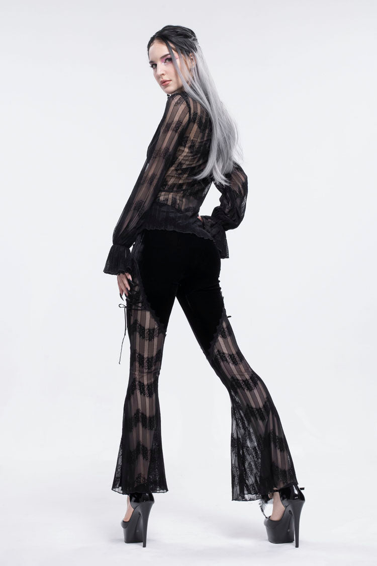 Black Striped Panel Semi Sheer Lace Up Long Women's Gothic Pants - Product - 6