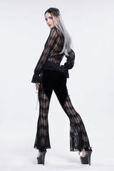 Black Striped Panel Semi Sheer Lace Up Long Women's Gothic Pants - Product - 6