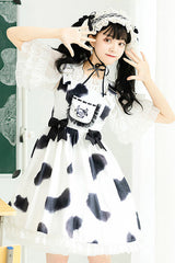 White Cow Pattern Print Bowknot Ruffled Sweet Lolita JSK Dress - Product - 2