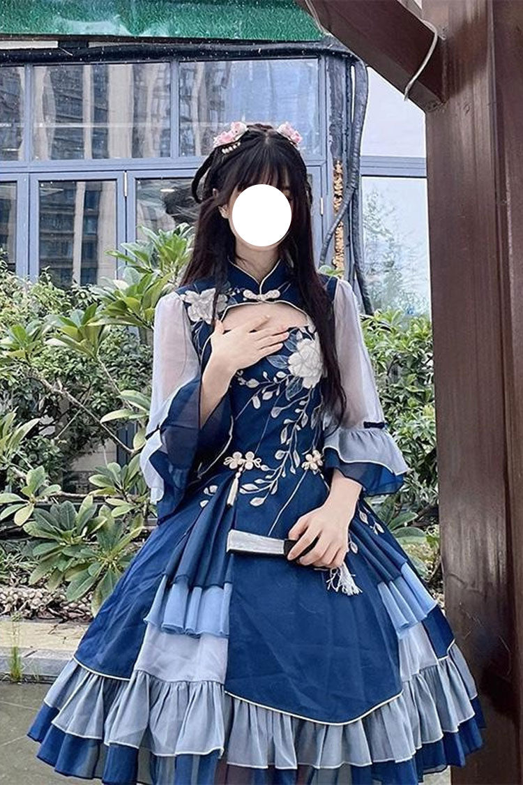 Blue Multi-layer Print Ruffle Classic Plus Size Chinese Style Princess Lolita Jsk Dress - Blue - 1