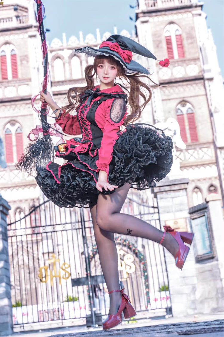 Black/Red [Showa Cake] Sleeveless Triple-Layered Ruffled Bow Lace-Up Witch Gothic Lolita Jsk Dress - Product - 11