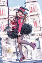 Black/Red [Showa Cake] Sleeveless Triple-Layered Ruffled Bow Lace-Up Witch Gothic Lolita Jsk Dress - Product - 11