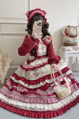 Red [Strawberry Basket] Square Collar Multi-Layered Printed Ruffled Embroidered Bow Sweet Lolita Jsk Dress - Product - 4