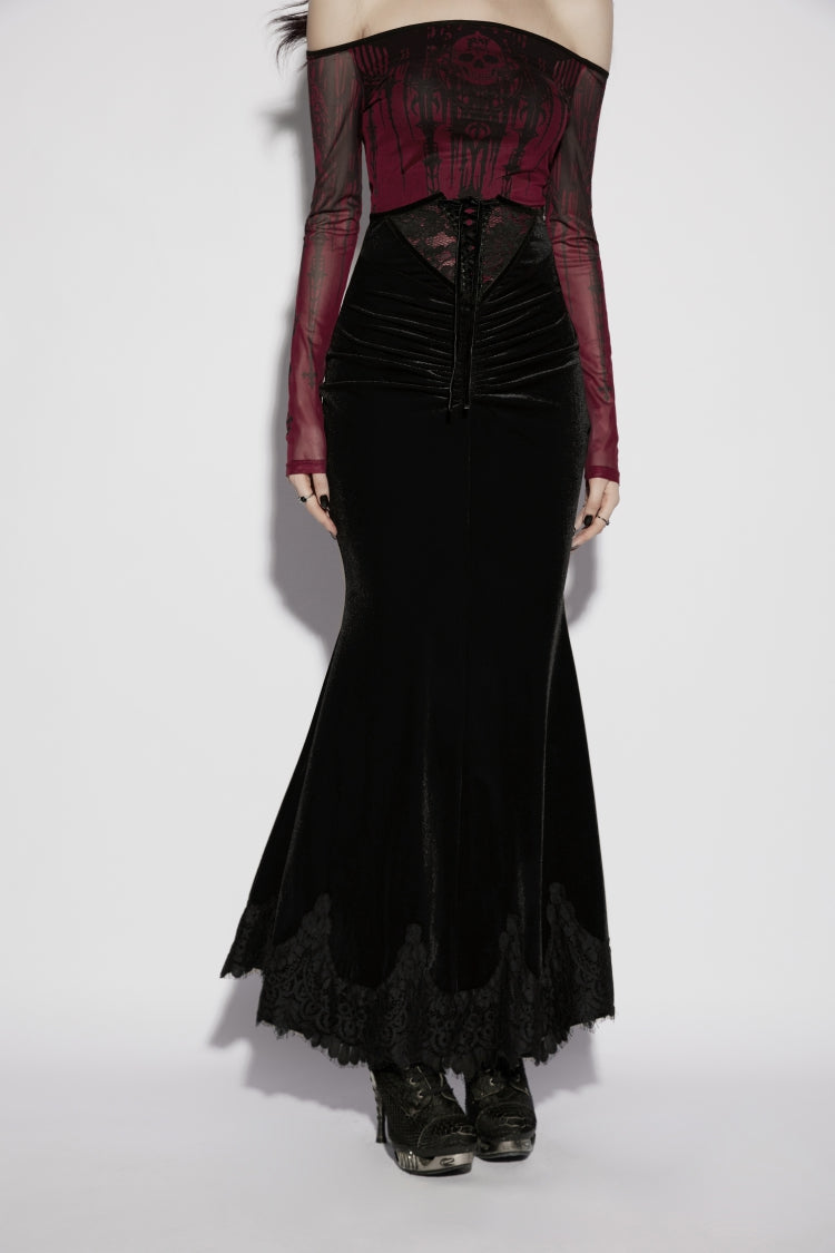 Black Lace Velvet Pleated Women's Gothic Elegant Mermaid Skirt - Product - 6