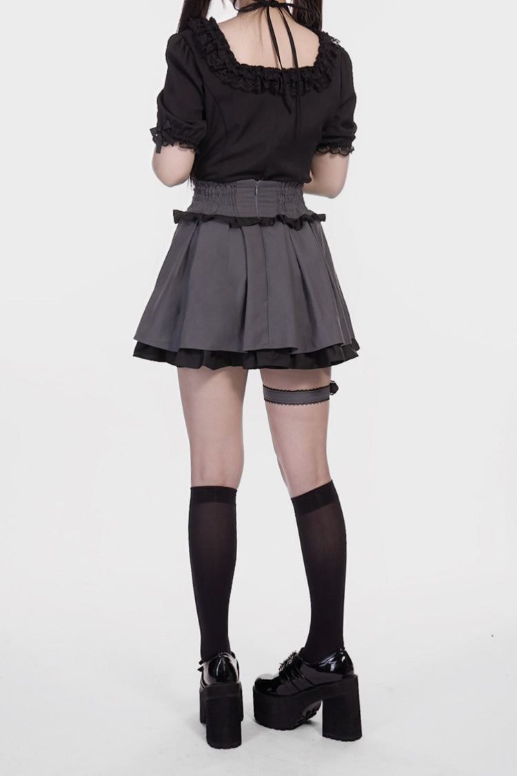 Grey/Black Leather Buckle Leg Ring Double-Layered Ruffle Sweet Jirai Kei Japanese Skirt - Product - 5