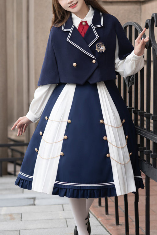 Blue/White Suit Collar Double Breasted High Waist College Style Sweet Lolita Dress Full Set - Blue/White - 1