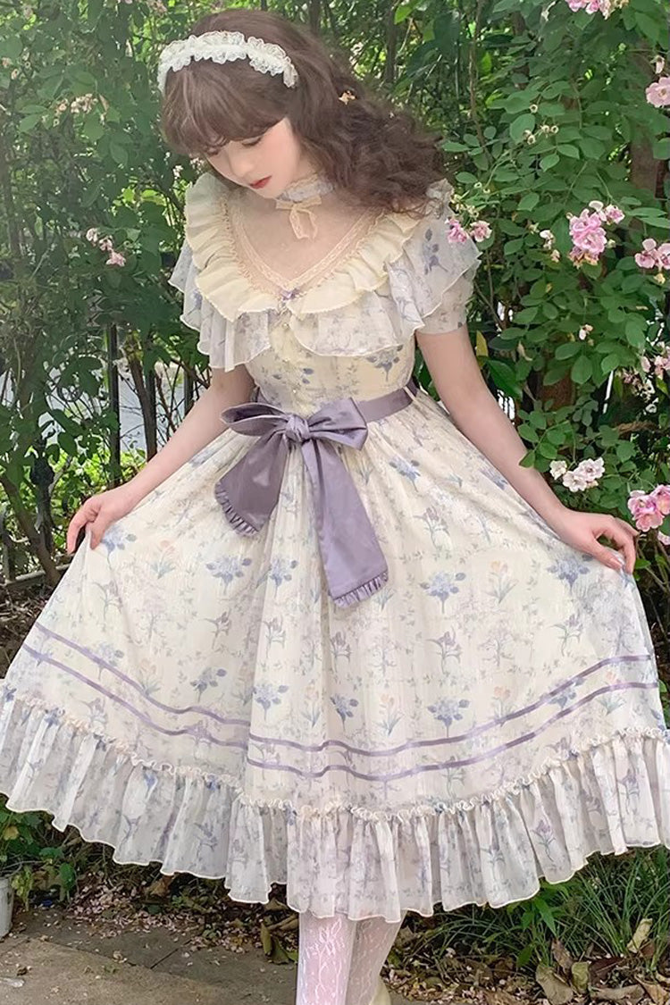 Purple [Summer Flower Wall] Short Sleeves Printed Ruffled Bow Lace Sweet Elegant Lolita Dress with Padded Bust - Purple - 1