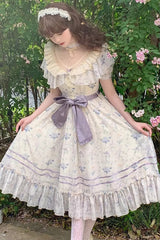 Purple [Summer Flower Wall] Short Sleeves Printed Ruffled Bow Lace Sweet Elegant Lolita Dress with Padded Bust - Purple - 1