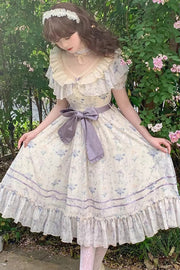 Purple [Summer Flower Wall] Short Sleeves Printed Ruffled Bow Lace Sweet Elegant Lolita Dress with Padded Bust - Purple - 1