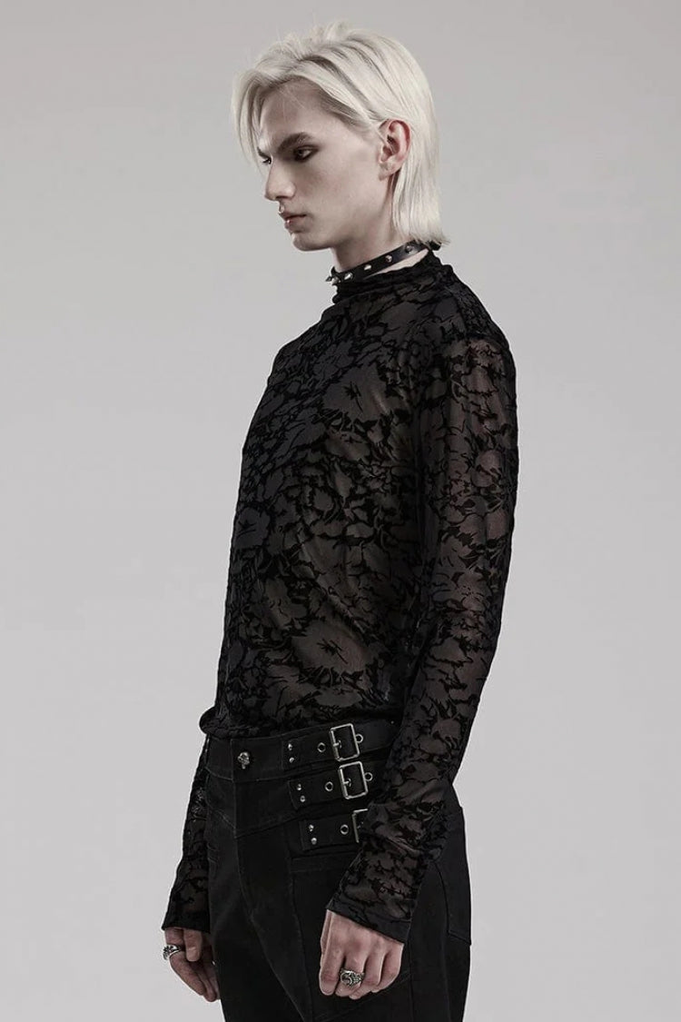 Black Long Sleeves Print Sheer Mesh Mens Gothic T-Shirt - Product - 2