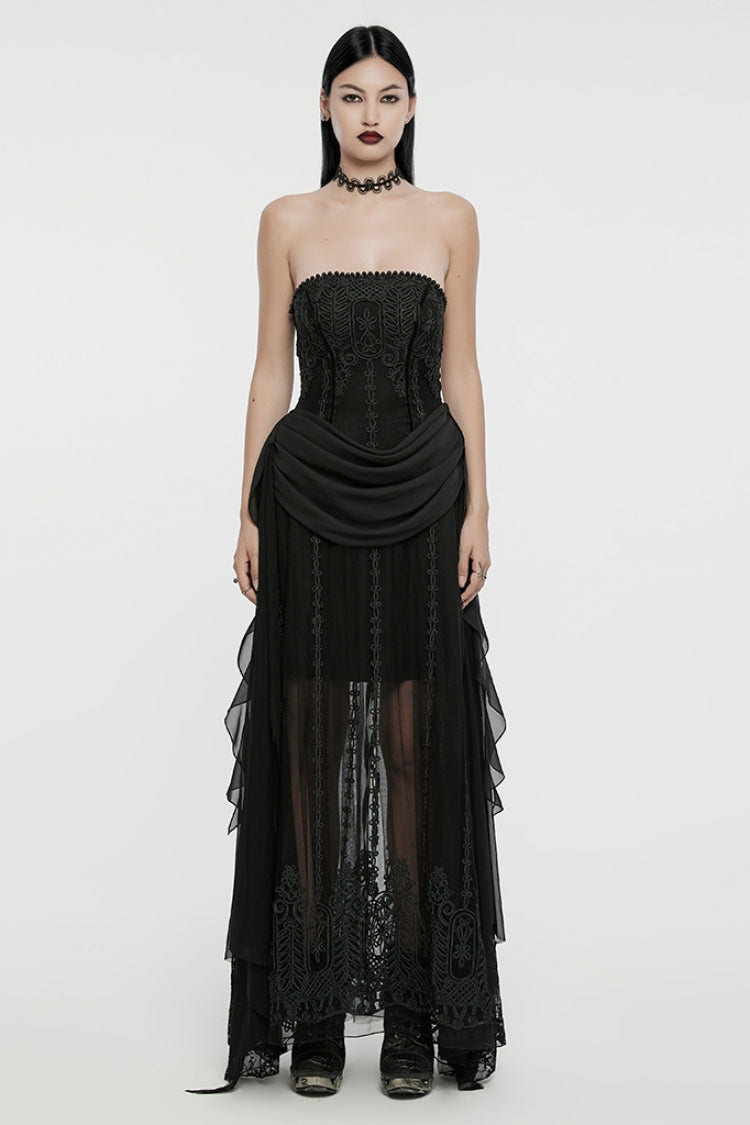 Black Off Shoulder Sleeveless Spliced Lace-Up Slim Pleated Women's Gothic Corset  Chiffon Strapless Dress - Black - 1