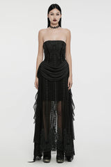 Black Off Shoulder Sleeveless Spliced Lace-Up Slim Pleated Women's Gothic Corset  Chiffon Strapless Dress - Black - 1