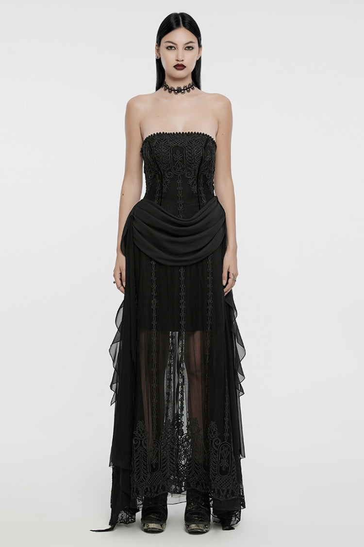 Black Off Shoulder Sleeveless Spliced Lace-Up Slim Pleated Women's Gothic Corset  Chiffon Strapless Dress - Black - 1