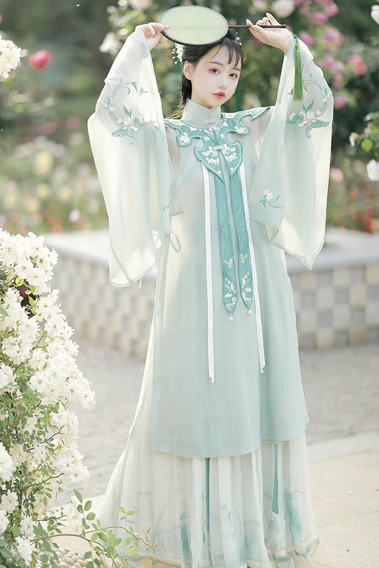 Green Stand Collar Embroidery Classic Hanfu Full Set - Product - 3