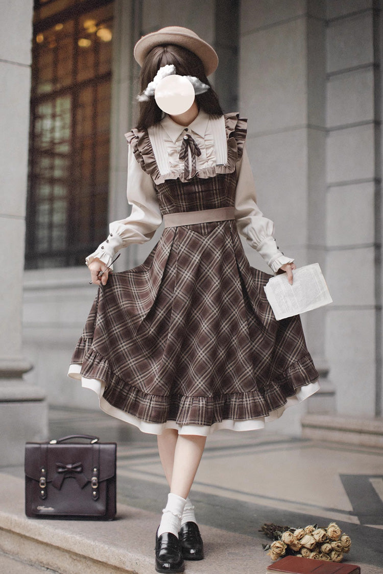 Brown [The Thames at Dusk] Print Long Sleeves Ruffle Fake Two Pieces Vintage College Style Lolita Dress - Product - 4
