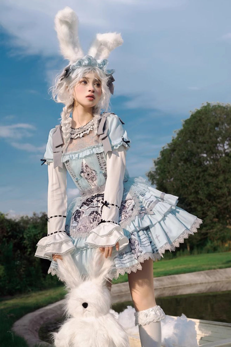 Light Blue Doll Theater Short Sleeves Print Ruffle Lace Sweet Lolita Dress - Product - 3