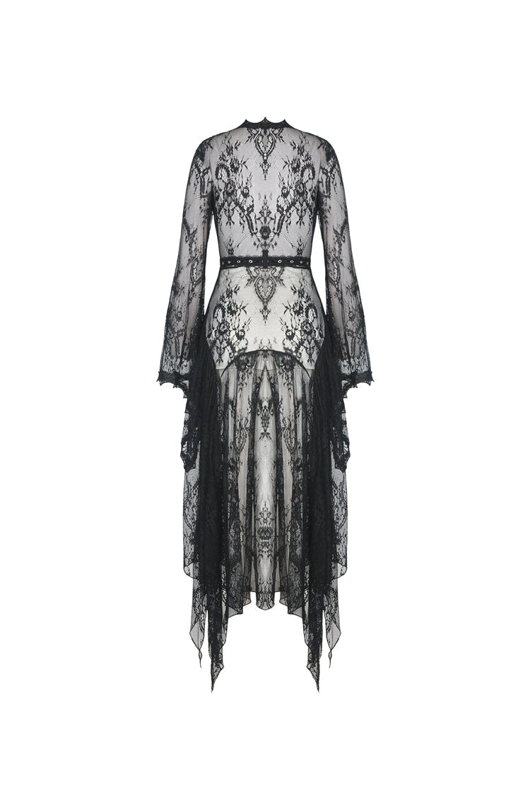 Black Long Trumpet Sleeves Sheer Floral Lace Women's Gothic Maxi Cloak with Belts - Product - 12