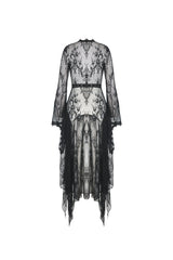 Black Long Trumpet Sleeves Sheer Floral Lace Women's Gothic Maxi Cloak with Belts - Product - 12