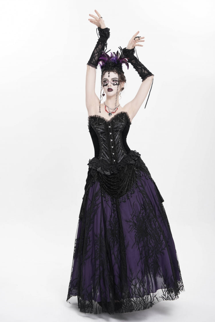 Black Sleeveless Beaded Lace Lace-Up Women's Gothic Overbust Corset - Product - 8