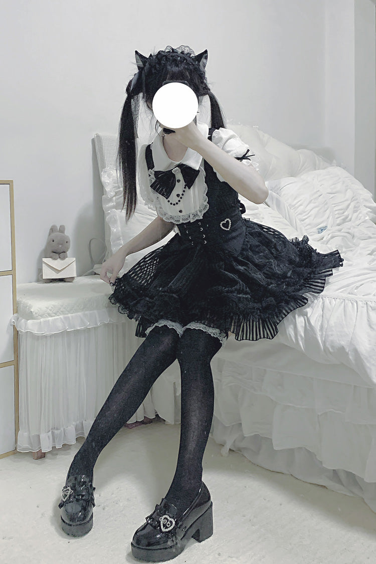Black/White [Dream Night Song] Short Sleeves Stripe Print Bowknot Lace Gothic Jirai Kei Dress - Product - 6