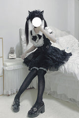 Black/White [Dream Night Song] Short Sleeves Stripe Print Bowknot Lace Gothic Jirai Kei Dress - Product - 6